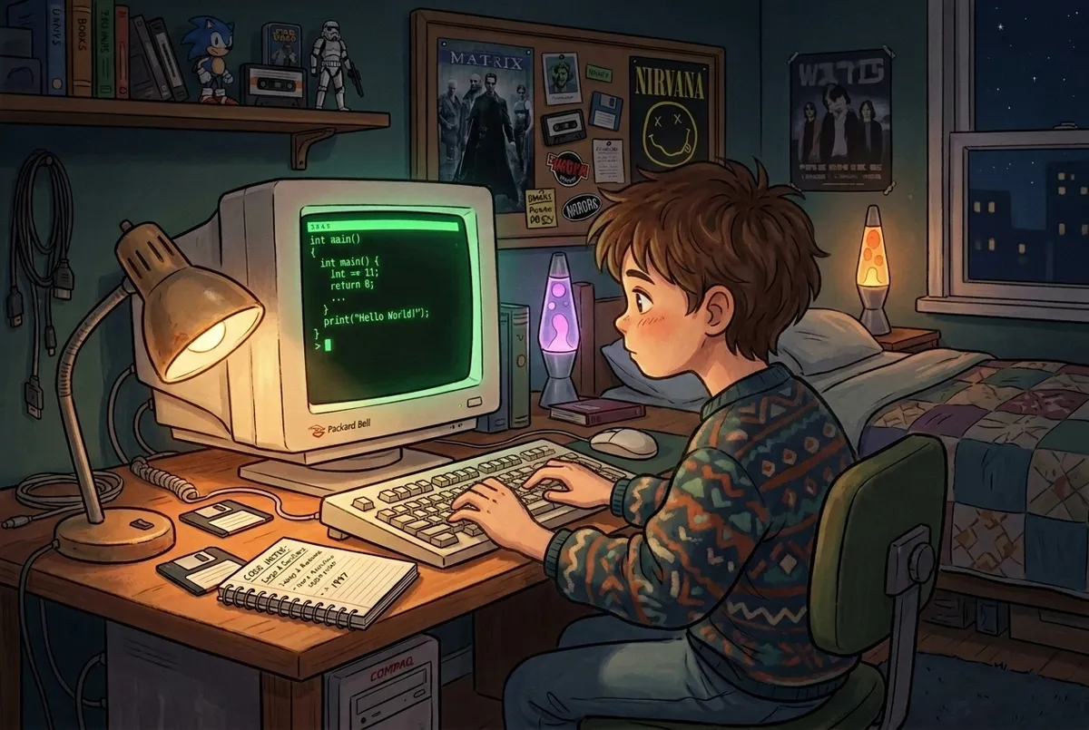 Kid coding on CRT monitor at night representing the beginning of coding