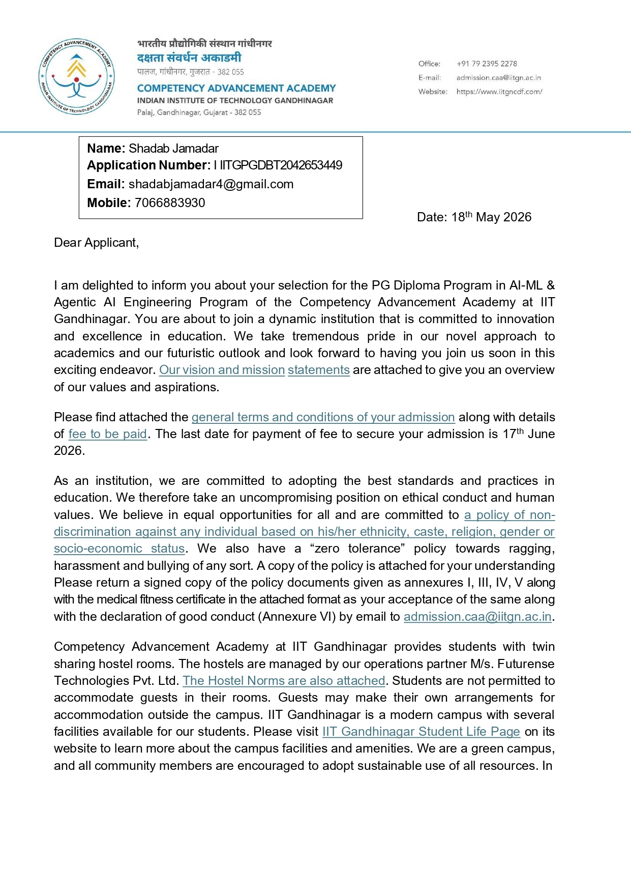 IIT Gandhinagar Offer Letter preview